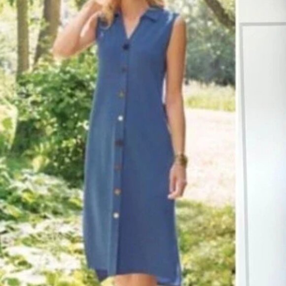 SOFT SURROUNDINGS MEDIUM NAVY ALVARADO KNIT SLEEVELESS BUTTON FRONT SHIRT DRESS - Picture 1 of 10